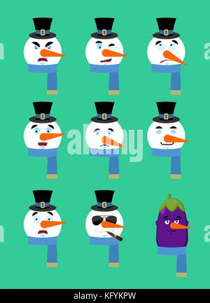 Pupazzo di neve set emozione avatar. triste e volto arrabbiato. colpevole e dormire avatar. dormire gli Emoji faccia. melanzana Capodanno e Natale illustrazione vettoriale Illustrazione Vettoriale