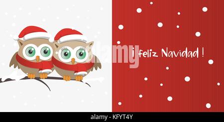 Coppia di gufi con Santa Claus hat su un ramo in un giorno di neve. Buon Natale spagnolo banner Illustrazione Vettoriale