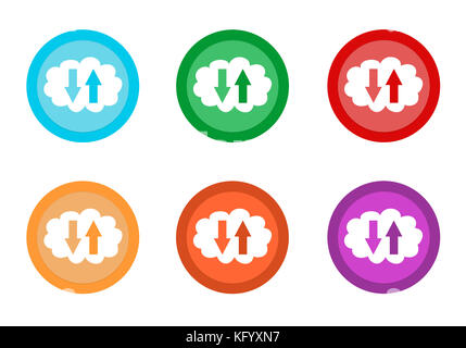 Set di arrotondati pulsanti colorati con simbolo di cloud in blu, verde, rosso, giallo, rosa e arancione Foto Stock