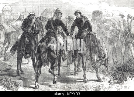 Incontro dei generali, Sir Henry Havelock, Sir James Outram, Sir Colin Campbell, primo soccorso di Lucknow, ribellione indiana del 1857 Foto Stock