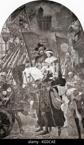 Enrico vi, seduto su un cavallo bianco, viene portato alla battaglia di Barnett da Edoardo IV per impedire ai Lancaster di riconquistare il loro re. Enrico vi, 1421 – 1471. Re d'Inghilterra. Edoardo IV, 1442–1483. Re d'Inghilterra. Da Hutchinson's History of the Nations, pubblicato nel 1915. Foto Stock