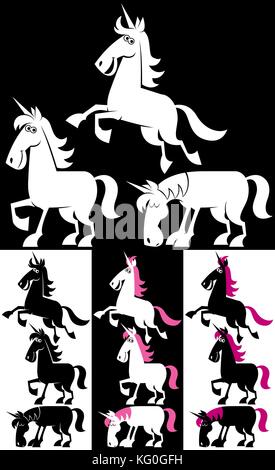 Unicorno dei cartoni animati in 3 diverse pose, ciascuna in 4 versioni. Illustrazione Vettoriale