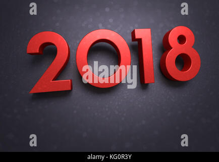 Anno 2018 dattiloscritto data, colorato di rosso, su un morbido nero scintillante biglietto di auguri Foto Stock
