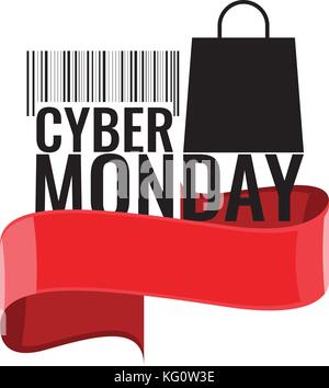 Cyber lunedì simbolo con shopping bag e barcode Concetto di vendita. Illustrazione Vettoriale