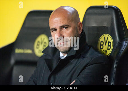 Dortmund, Germania. 1 novembre 2017. Allenatore Peter BOSZ (DO) sitzt auf der Trainerbank, Fussball Champions League, Gruppenphase, gruppo H, Borussia Dortmund (DO) - APOEL Nikosia (APOEL) 1:1, AM 01.11.2017 a Dortmund/Germania. |utilizzo del credito mondiale: dpa/Alamy Live News Foto Stock