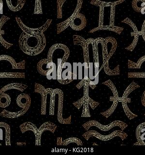 Segni zodiacali seamless pattern. oroscopo golden i simboli magici sfondo. disegnati a mano oro vettore astrologici texture. Illustrazione Vettoriale