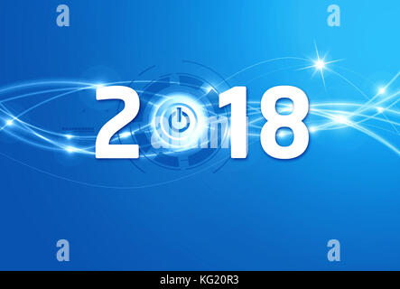 2018 Anno nuovo tipo con un pulsante di alimentazione su un lucido sfondo blu Foto Stock
