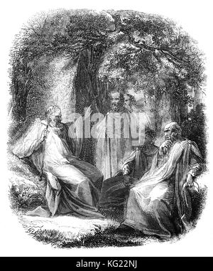 Un britannico Arch-Druids e druidi in un bosco di querce glade. Agendo come leader religiosi, erano anche le autorità legali, la giuria, lorekeepers, medici professionisti e consulenti politici. Nel XIX secolo, il culto è stato creduto di essere fondata Stonehenge, il monumento preistorico nel Wiltshire, Inghilterra Foto Stock