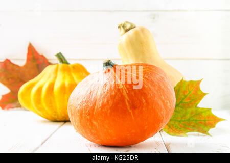 Zucca e Patty pan e acero, rovere foglie gialle su una bianca tavolo in legno. raccolto autunnale. Foto Stock