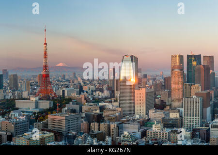 Vista serale sopraelevata dello skyline della città e dell'iconica Tokyo Tower, Tokyo, Giappone, Asia Foto Stock