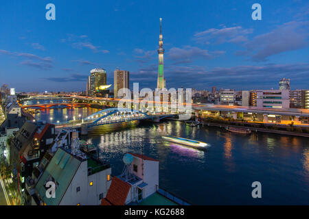 Skyline della città e Skytree sul fiume Sumida, Tokyo, Giappone, Asia Foto Stock