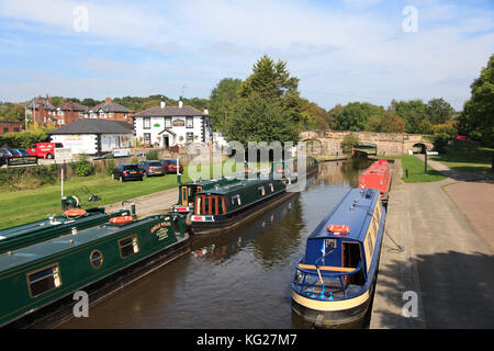 Imbarcazioni strette, canale di Pontcysyllte, Llangollen, Dee Valley, Denbighshire, il Galles del Nord, Wales, Regno Unito, Europa Foto Stock