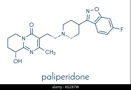 Paliperidone (9-hydroxyrisperidone) farmaco antipsicotico molecola di formula scheletrico. Illustrazione Vettoriale