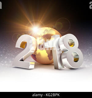 2018 Anno nuovo dattiloscritto composto con una golden Planet Earth, su una scintillante sfondo nero - 3d illustrazione Foto Stock