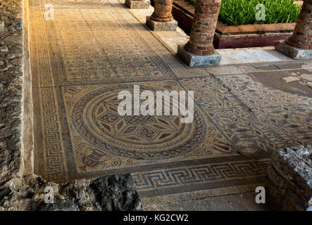 Antico mosaico romano in conimbriga, uno dei più grandi e meglio conservati di insediamenti romani scavati in Portogallo Foto Stock