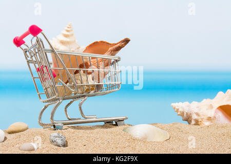 Estate ingaggi, shopping viaggio. carrello sulla spiaggia Foto Stock