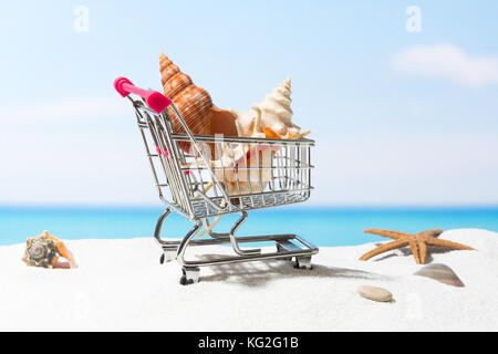 Estate shopping. business e vendita sulla spiaggia. carrello sulla sabbia bianca Foto Stock