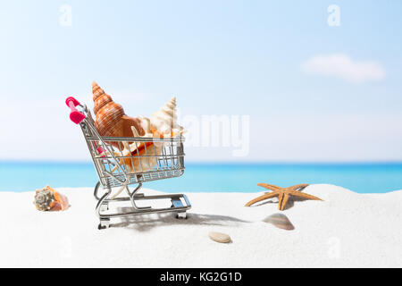 Estate shopping. business e vendita sulla spiaggia. carrello sulla sabbia bianca Foto Stock