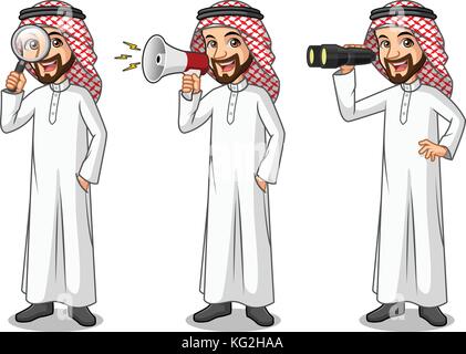 Set di imprenditore arabia uomo arabo cartoon character design, guardando attraverso il binocolo, tenendo la lente di ingrandimento, e parlano di urla grida. Illustrazione Vettoriale