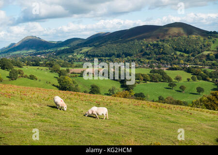 Vista dalla lunga mynd, Shropshire, Inghilterra, verso ragleth, helmeth e caer caradoc colline Foto Stock