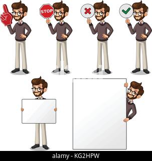 Set di hipster imprenditore cartoon character design tenendo un vuoto vuoto segno bordo banner scheda affissioni poster, numero uno della schiuma grande dito a mano. Illustrazione Vettoriale