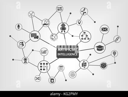 Intelligenza artificiale concetto con testo e rete di icone su sfondo bianco come illustrazione vettoriale. Illustrazione Vettoriale