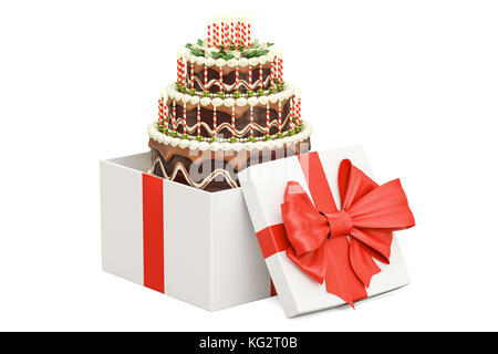 Torta di compleanno all'interno scatola regalo, 3D rendering isolati su sfondo bianco Foto Stock