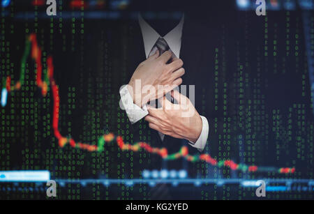 La doppia esposizione imprenditore, con stock exchange grafico. lo sviluppo e la crescita nel mercato azionario e gli investimenti delle imprese concept Foto Stock