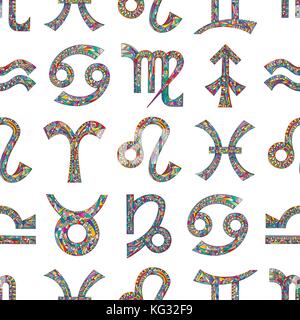 Segni zodiacali seamless pattern. oroscopo simboli magici sfondo multicolore. disegnati a mano vettore astrologici texture di sfondo, il confezionamento, tessile de Illustrazione Vettoriale