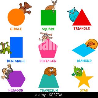 Cartone animato educativo illustrazione delle forme geometriche di base con didascalie e i caratteri degli animali per i bambini Illustrazione Vettoriale