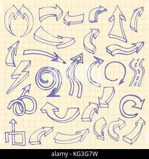 Disegnato a mano le frecce sul notebook squadrato sfondo pagina set di icone di doodle illustrazione vettoriale Illustrazione Vettoriale