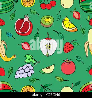 Modello senza cuciture con set di dolci frutti e bacche. mele uve di anguria banane kiwi ciliegia. cibo, frutta perfetta consistenza. doodle, cartoon dr Illustrazione Vettoriale