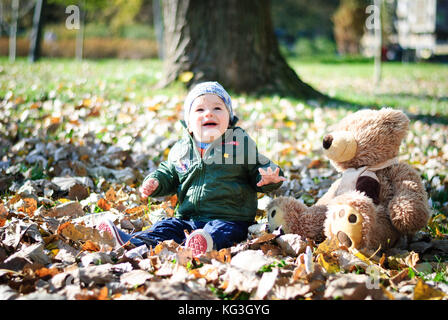 Little Boy esplora il mondo di sentire qualcosa su un albero nel bosco Foto Stock