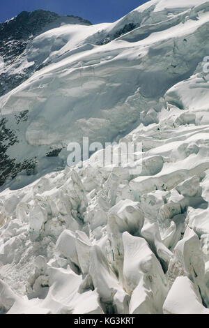Particolare dei crepacci nella Ischiergletscher dalla stazione di Eismeer, Jungfraubahn, Oberland Bernese, Svizzera Foto Stock