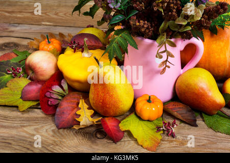 Disposizione di ringraziamento con fiori ed erba in rosa vaso Anfora, zucche, mele, pere sul legno rustico sfondo, close up Foto Stock