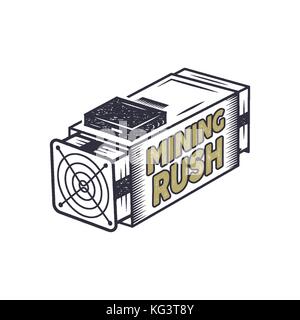 Crypto mining concetto rush. crypto-valuta apparecchiature asic logo. vintage han disegnato design monocromatico. tecnologia patch. stock illustrazione vettoriale isolati su sfondo bianco Illustrazione Vettoriale