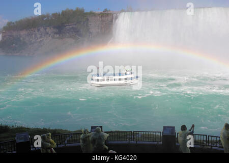 CASCATE DEL NIAGARA, CANADA - MAGGIO 29 2017: I turisti guardano mentre il tour in barca Maid of the Mist si avvicina alle impervie cataratte delle Horseshoe Falls sotto un compl Foto Stock