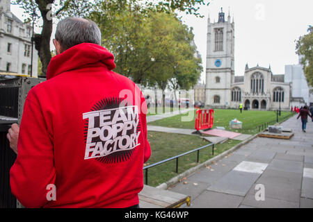 Londra, Regno Unito. 3 novembre, 2017. volontari preparare il campo del ricordo presso l abbazia di Westminster in preparazione per il giorno del ricordo per ricordare i membri delle loro forze armate che sono morti nella linea del dovere.credit: amer ghazzal/alamy live news Foto Stock