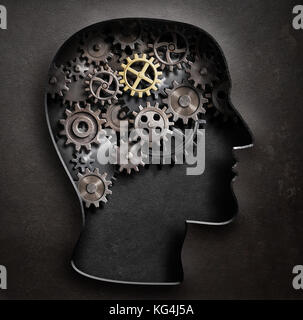 Cervello concetto di modello realizzato da ingranaggi e ruote dentate in metallo piastra 3d illustrazione Foto Stock