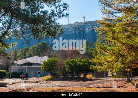 Vista di stone mountain attraverso i rami degli alberi di pino in autunno giornata soleggiata, georgia, Stati Uniti d'America Foto Stock