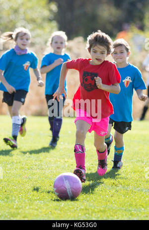 Un 6yr. old girl giocando in una partita di calcio. moretown, Vermont, USA Foto Stock