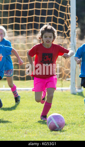 Un 6yr. old girl giocando in una partita di calcio. moretown, Vermont, USA Foto Stock