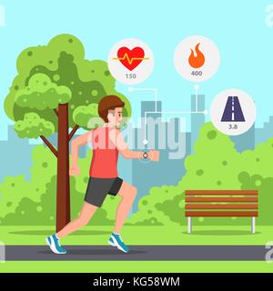 Giovane uomo correre o fare jogging nel parco con fascia cardio orologio. Illustrazione Vettoriale