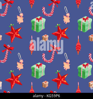 Natale seamless pattern con scatola verde e candy cane disegnato acquerello Foto Stock