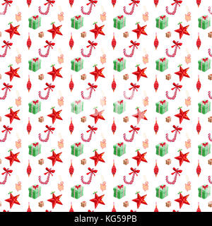 Natale seamless pattern con scatola verde e candy cane disegnato acquerello Foto Stock