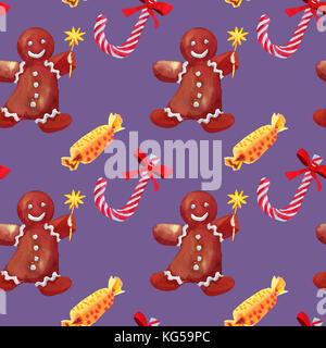 Natale seamless pattern con scatola verde e candy cane disegnato acquerello Foto Stock