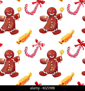 Natale seamless pattern con scatola verde e candy cane disegnato acquerello Foto Stock