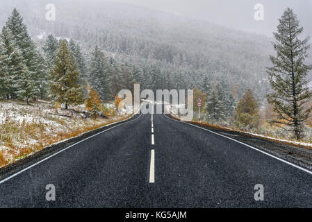 Un pittoresco paesaggio autunnale con una strada asfaltata attraverso il bosco in montagna durante la prima nevicata in autunno a settembre Foto Stock