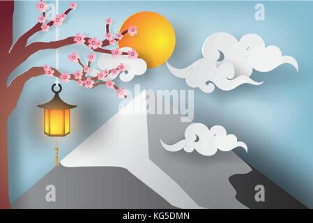 Arte della carta del bellissimo paesaggio con sakura ramo e fiori, nuvole e fuji mountain.vettore illustrazione e design Illustrazione Vettoriale