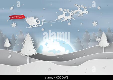La carta di arte e artigianato del buon Natale e felice anno nuovo.illustrazione di Babbo Natale sul cielo con fullmoon Illustrazione Vettoriale